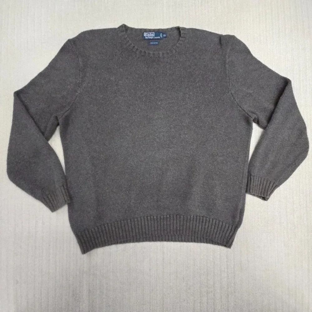 Vintage Polo Ralph Lauren Sweater Mens XL Gray Cotton Pullover Purple Pony